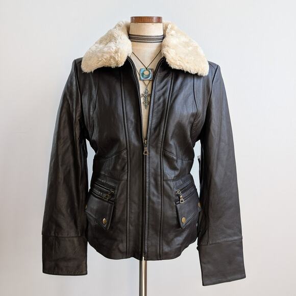 Vintage Jackets & Blazers - Vintage Brown Leather Jacket Faux Fur Lambskin Moto Chic Biker Bomber Coat Large